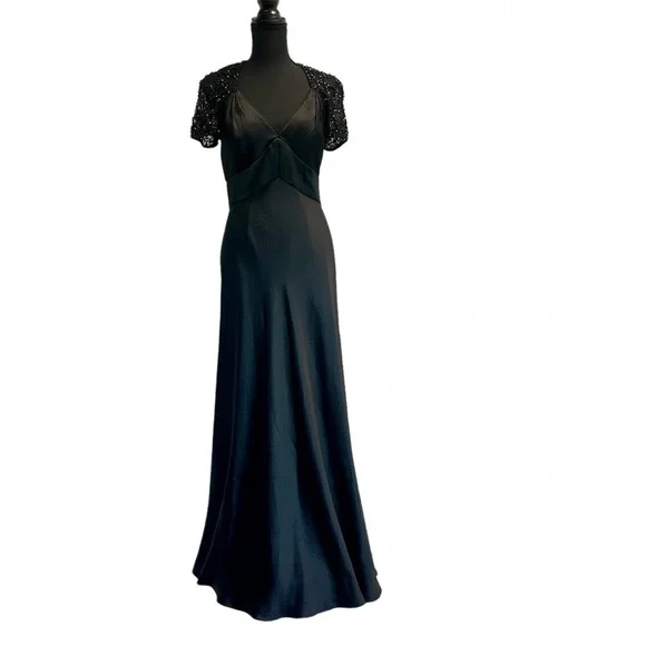 Badgley Mischka black beaded lace short sleeve silk formal evening gown 8 NWOT - Picture 3 of 17